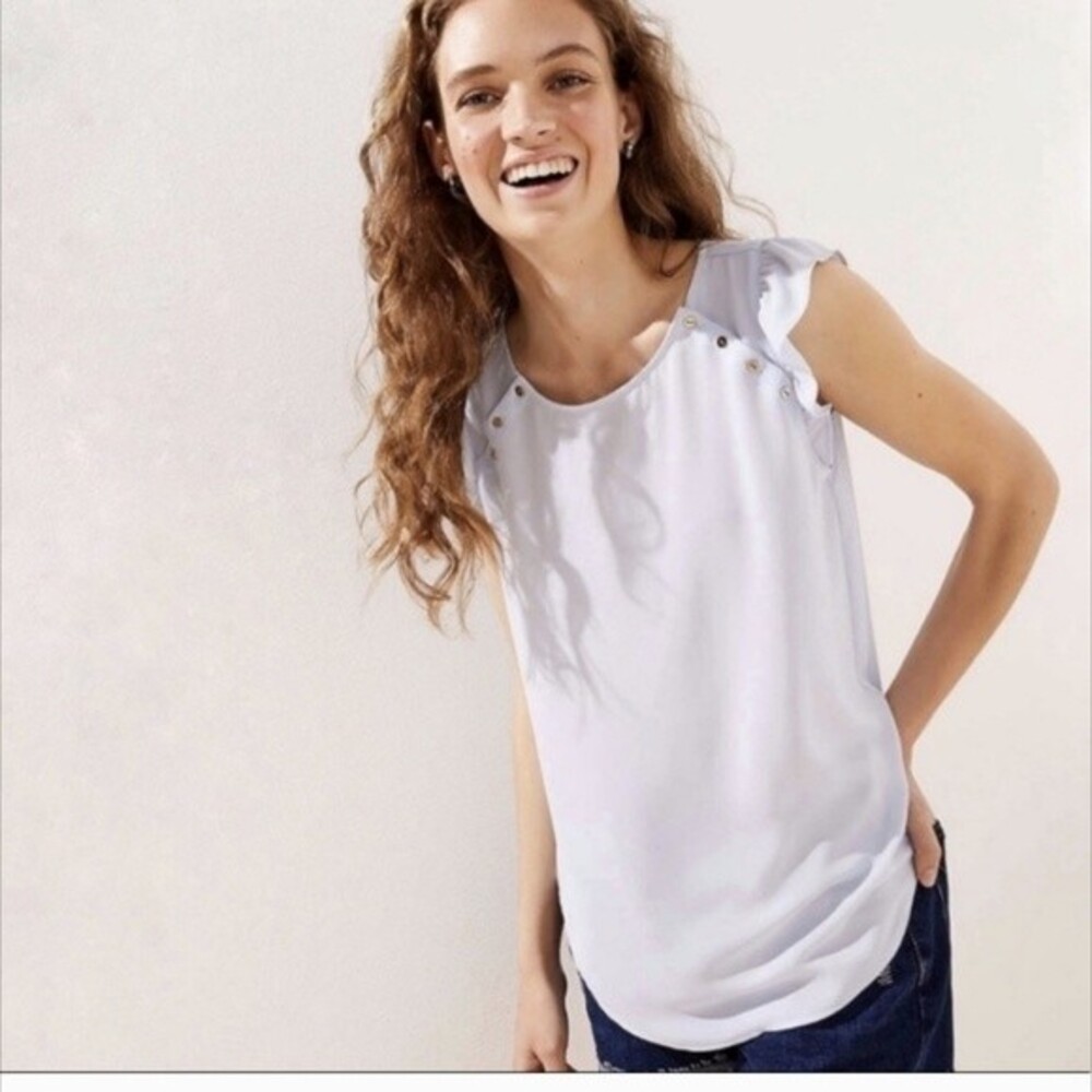 LOFT Cream Ruffle Sleeve Gold Button Detail Blouse XS